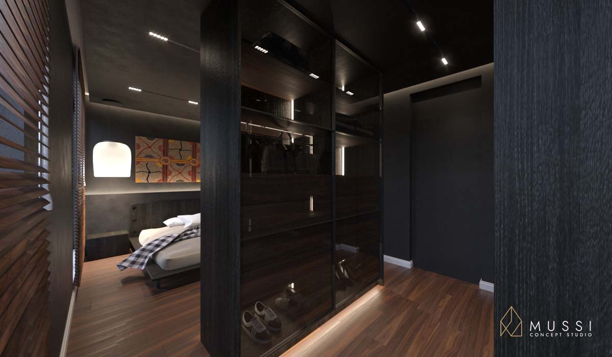 Projekt sypialni z garderobą | Projekty wnętrz Mussi Concept Studio